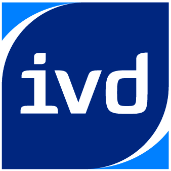 Logo des IVD mit weißen Kleinbuchstaben auf dunkelblauem Hintergrund und hellblauen Akzenten in den Ecken