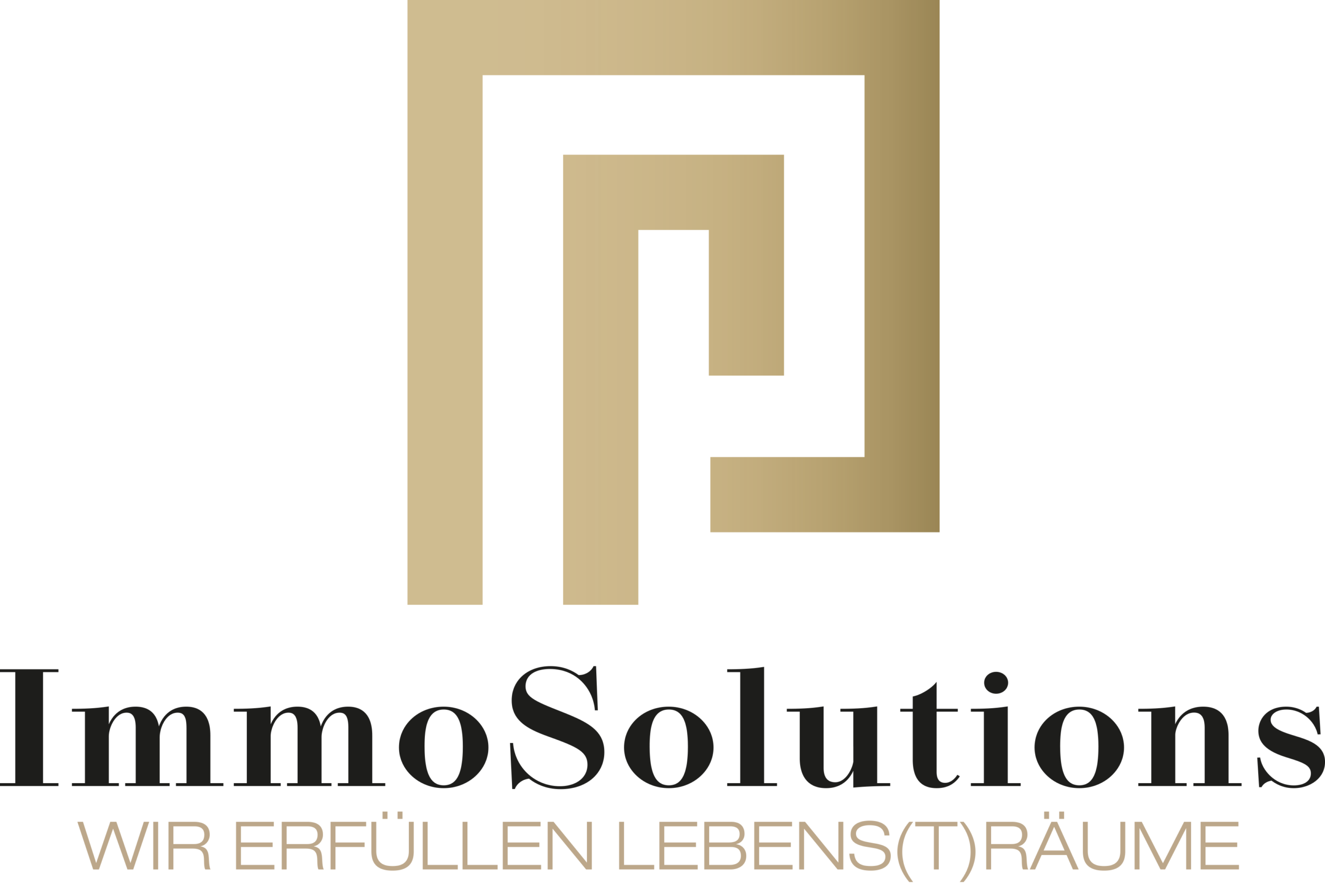 Logo von ImmoSolutions GmbH mit stilisiertem goldfarbenem Gebäude und dem Slogan 'WIR ERFÜLLEN LEBENS(T)RÄUME' in schwarzer und goldener Schrift