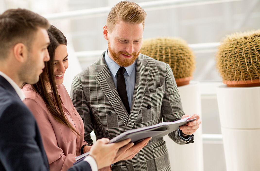 Drei Geschäftsleute, zwei Männer und eine Frau, stehen zusammen und schauen auf eine Aktenmappe, im Hintergrund zwei große Kakteen in weißen Töpfen.